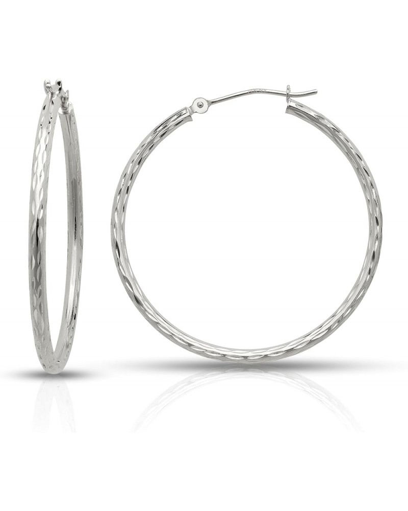 14k White Gold Diamond Cut Hoop Earrings (12-50x2.0mm), Piercing to Lobe, Upper-Lobe for a Women, Men, or Teens 30mm(1.18")-W...