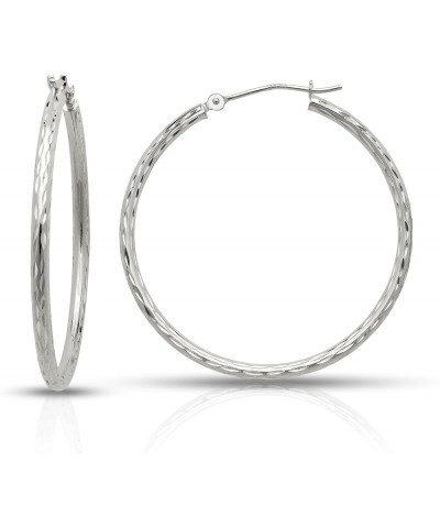 14k White Gold Diamond Cut Hoop Earrings (12-50x2.0mm), Piercing to Lobe, Upper-Lobe for a Women, Men, or Teens 30mm(1.18")-W...