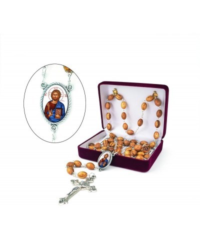 Wooden Catholic Rosary Necklace from Israel, Olive Wood Rosary Beads with Icon Portrait & Crucifix Cross Pendant, Confirmatio...