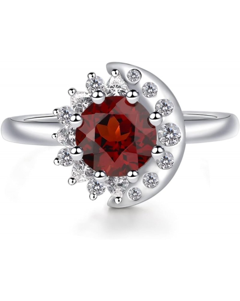 S925 Sterling Silver Round Shaped 7 MM Halo Engagement Ring Sun and Moon Ring Gemstone Ring for Women Garnet $60.63 Rings