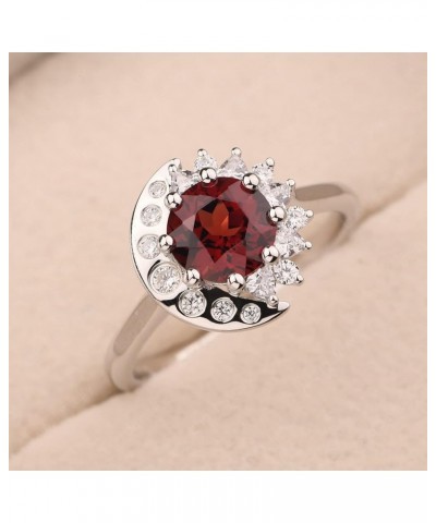 S925 Sterling Silver Round Shaped 7 MM Halo Engagement Ring Sun and Moon Ring Gemstone Ring for Women Garnet $60.63 Rings