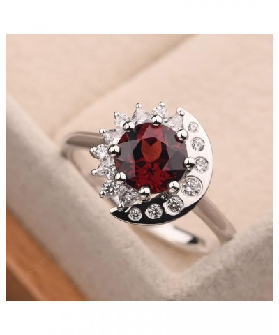 S925 Sterling Silver Round Shaped 7 MM Halo Engagement Ring Sun and Moon Ring Gemstone Ring for Women Garnet $60.63 Rings