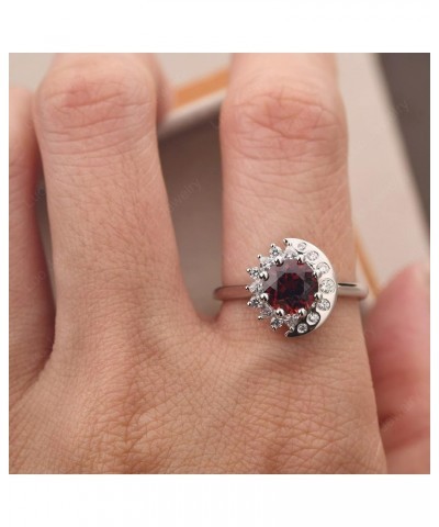 S925 Sterling Silver Round Shaped 7 MM Halo Engagement Ring Sun and Moon Ring Gemstone Ring for Women Garnet $60.63 Rings