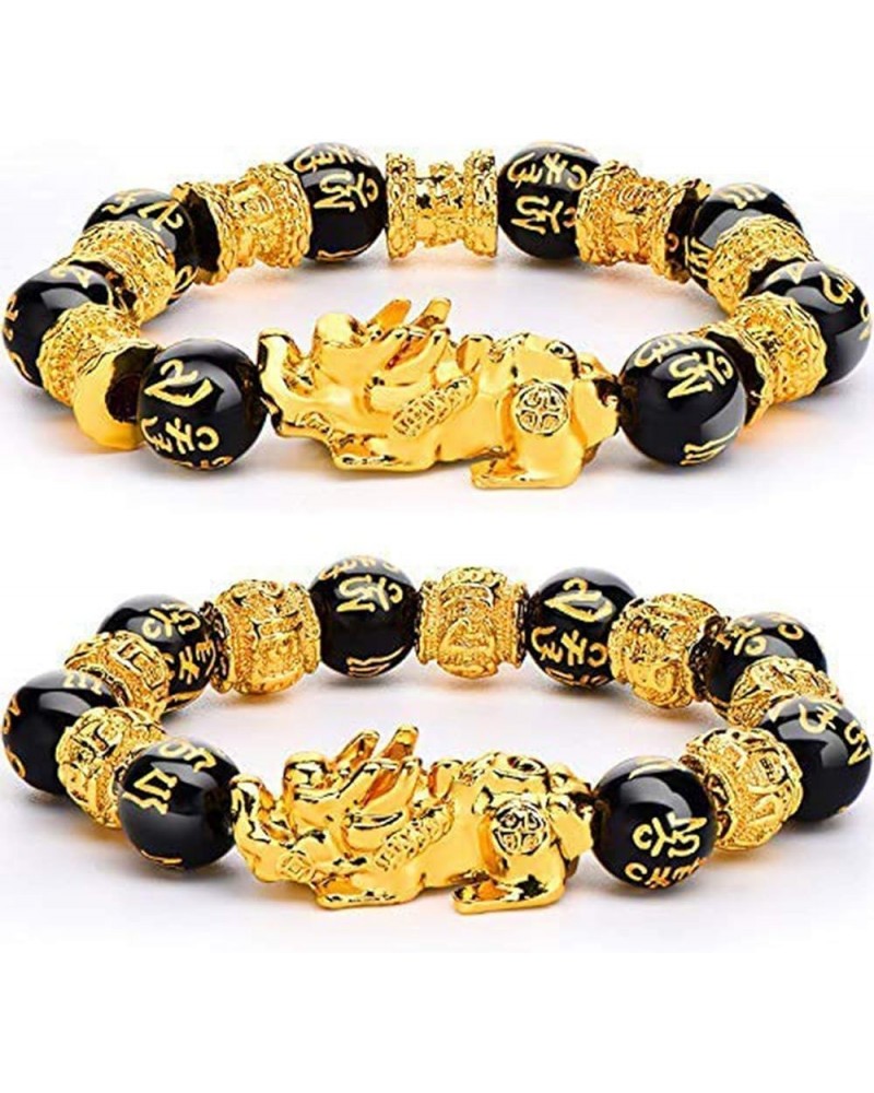 2 Pieces 12 mm Feng Shui Bead Bracelet Chinese Bracelet with Hand Carved Black Amulet Bead Bracelet Pi Xiu for Attracting Wea...