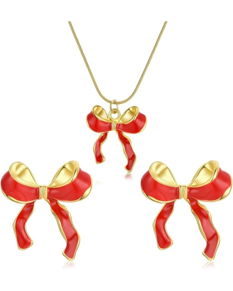 Gold Bow Earrings Necklace Jewelry Set for Women, Cute Silver Ribbon Bowknot Stud Earrings Necklace Christmas Gift Red $7.41 ...