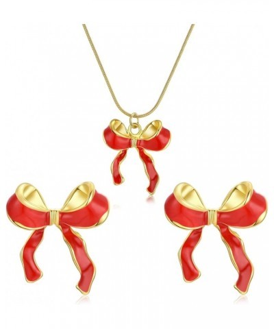 Gold Bow Earrings Necklace Jewelry Set for Women, Cute Silver Ribbon Bowknot Stud Earrings Necklace Christmas Gift Red $7.41 ...