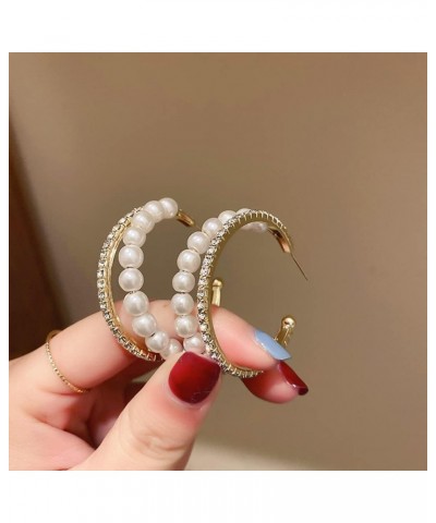 Double Layers Open Hoop Earrings for Women Girls 14K Gold Plated Sterling Silver Pins Rhinestone CZ Pearl C Shaped Stud Earri...