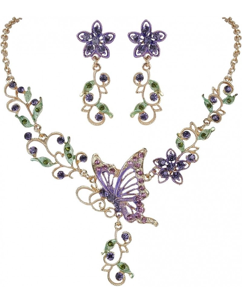 Women's Austrian Crystal Butterfly Flower Leaf Necklace Earrings Set Gold-Tone Purple $14.30 Jewelry Sets