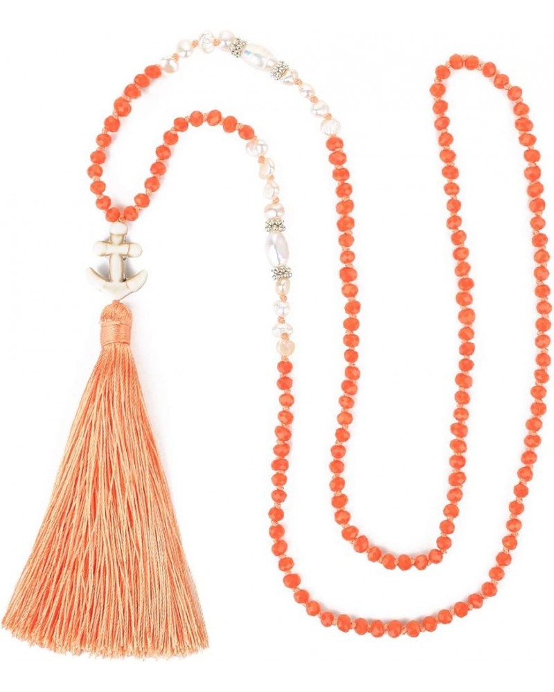 Women Pearls Necklace Crystal Handmade Long Chain Necklaces Handmade Tassel Pendant Necklaces Orange 07J $10.15 Necklaces