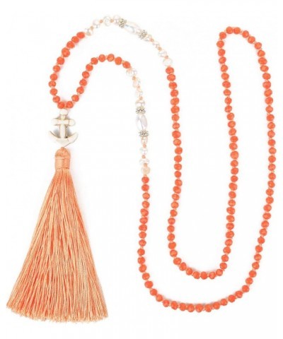 Women Pearls Necklace Crystal Handmade Long Chain Necklaces Handmade Tassel Pendant Necklaces Orange 07J $10.15 Necklaces