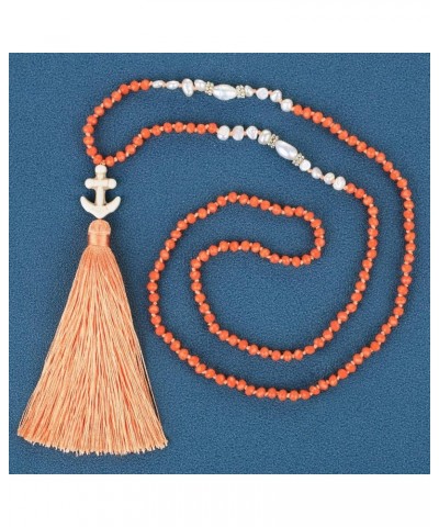 Women Pearls Necklace Crystal Handmade Long Chain Necklaces Handmade Tassel Pendant Necklaces Orange 07J $10.15 Necklaces