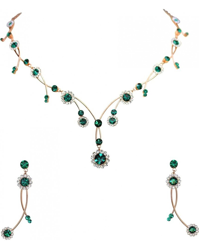 Gorgeous Rhinestone Crystal Floral Necklace Earrings Set Green / Rose gold plated $16.73 Jewelry Sets