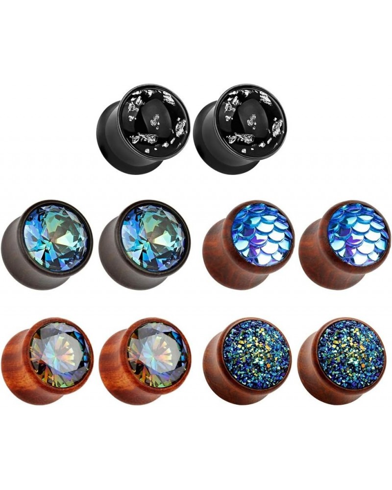 5 Pairs Gauge Wood Tunnels Earrings Zircon Stone Body Jewelry Set Stretching Tapers Expanders Wooden Ear Plugs Gauge 0g(8mm) ...